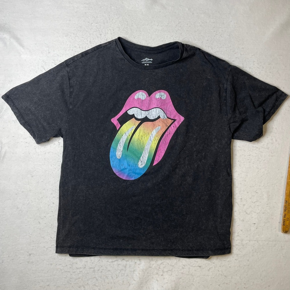 Rolling Stones Logo Rainbow Tongue Graphic T‎ Shirt M Medium Black Wash